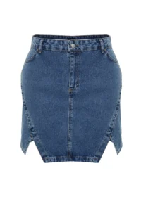 Trendyol Curve Mavi Double slit A line Comofrt/Middle Flexible Plus Size denim Skirt - Image 6