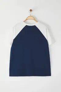 Trendyol Curve Mavi Color Bloklu Printed 100% Cotton Knitting Plus Size T-Shirt - Image 8