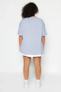 Trendyol Curve Mavi Wide Pattern Printed Crew Neck 100% Cotton Knitting T-Shirt - Image 5