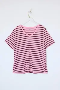 Trendyol Curve Red-Pink Striped V -Yaka Knitting T-Shirt - Image 4