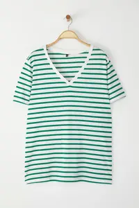Trendyol Curve White-Green Striped V -Yaka Knitting T-Shirt - Image 3