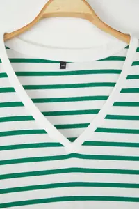 Trendyol Curve White-Green Striped V -Yaka Knitting T-Shirt - Image 6