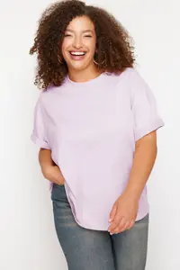 Trendyol Curve Lilac Collar ribbed Wide Pattern Basic 100% Cotton Knitting T-Shirt