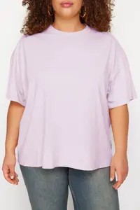 Trendyol Curve Lilac Collar ribbed Wide Pattern Basic 100% Cotton Knitting T-Shirt - Image 2