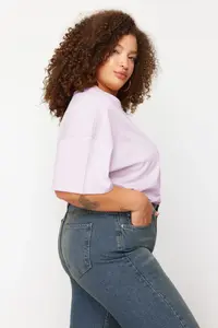 Trendyol Curve Lilac Collar ribbed Wide Pattern Basic 100% Cotton Knitting T-Shirt - Image 3