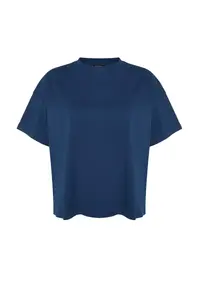 Trendyol Curve Navy Blue Collar Ribbed Wide Pattern 100% Cotton Basic Knitting T-Shirt - Image 6