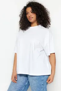 Trendyol Curve White Collar Ribbed Wide Pattern Basic 100% Cotton Knitting T-Shirt
