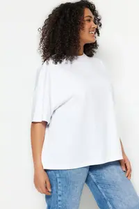 Trendyol Curve White Collar Ribbed Wide Pattern Basic 100% Cotton Knitting T-Shirt - Image 2