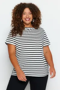 Trendyol Curve Black-White Striped Boat Neck Knitting T-Shirt