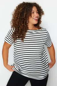 Trendyol Curve Black-White Striped Boat Neck Knitting T-Shirt - Image 2
