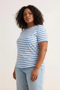 Trendyol Curve White-Blue Striped Boat Neck Knitting T-Shirt