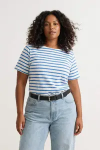 Trendyol Curve White-Blue Striped Boat Neck Knitting T-Shirt - Image 2