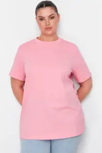 Trendyol Curve Pink Ribbed Collar Boyfriend 100% Cotton Knitting T-Shirt