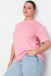 Trendyol Curve Pink Ribbed Collar Boyfriend 100% Cotton Knitting T-Shirt - Image 2