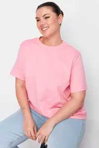 Trendyol Curve Pink Ribbed Collar Boyfriend 100% Cotton Knitting T-Shirt - Image 3