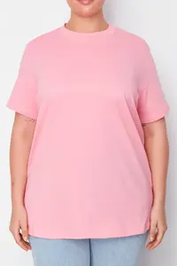 Trendyol Curve Pink Ribbed Collar Boyfriend 100% Cotton Knitting T-Shirt - Image 4
