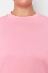 Trendyol Curve Pink Ribbed Collar Boyfriend 100% Cotton Knitting T-Shirt - Image 5