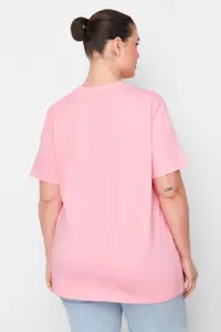 Trendyol Curve Pink Ribbed Collar Boyfriend 100% Cotton Knitting T-Shirt - Image 6