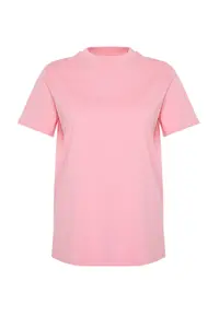 Trendyol Curve Pink Ribbed Collar Boyfriend 100% Cotton Knitting T-Shirt - Image 7