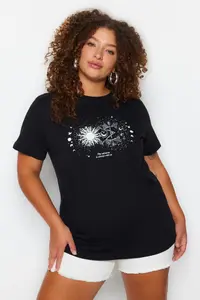 Trendyol Curve Black Crew Neck 100% Cotton Knitting T-Shirt