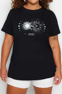 Trendyol Curve Black Crew Neck 100% Cotton Knitting T-Shirt - Image 4