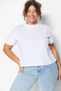 Trendyol Curve White Regular Crew Neck Stitching Detailed 100% Cotton Knitting Crop Plus Size T-Shirt