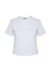 Trendyol Curve White Regular Crew Neck Stitching Detailed 100% Cotton Knitting Crop Plus Size T-Shirt - Image 5