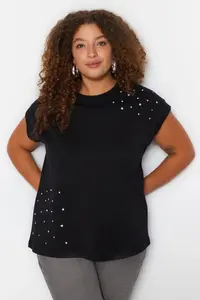 Trendyol Curve Black Crew Neck Stoned 100% Cotton Knitting T-Shirt