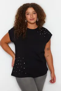 Trendyol Curve Black Crew Neck Stoned 100% Cotton Knitting T-Shirt - Image 3