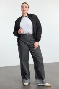 Trendyol Curve Gray High Waist Detailed Wideleg/Wide Leg Middle Flexible plus size jeans