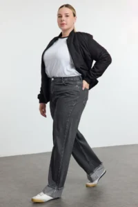 Trendyol Curve Gray High Waist Detailed Wideleg/Wide Leg Middle Flexible plus size jeans - Image 2