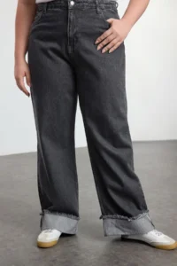 Trendyol Curve Gray High Waist Detailed Wideleg/Wide Leg Middle Flexible plus size jeans - Image 3