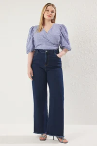 Trendyol Curve Dark Blue High Waist Dirty End Detailed Wide Leg comfort Plus Size Wide Leg jeans