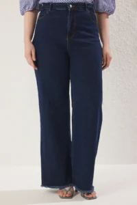 Trendyol Curve Dark Blue High Waist Dirty End Detailed Wide Leg comfort Plus Size Wide Leg jeans - Image 3