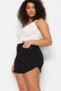 Trendyol Curve Black Tasseled Flexible skinny Fit Plus Size Denim Shorts & Bermuda - Image 7
