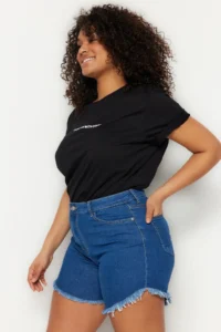 Trendyol Curve Dark Blue Tasseled Flexible skinny Fit Plus Size Denim Shorts & Bermuda