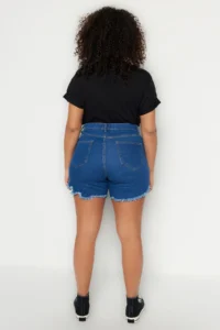 Trendyol Curve Dark Blue Tasseled Flexible skinny Fit Plus Size Denim Shorts & Bermuda - Image 6