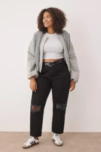 Trendyol Curve Black Destroy Detailed Mom Fit 100% Cotton Non-Stretch denim plus size jeans