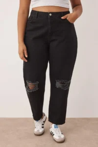 Trendyol Curve Black Destroy Detailed Mom Fit 100% Cotton Non-Stretch denim plus size jeans - Image 3