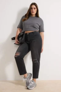 Trendyol Curve Anthracite Destroy Detailed Mom Fit 100% Cotton denim plus size jeans