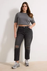 Trendyol Curve Anthracite Destroy Detailed Mom Fit 100% Cotton denim plus size jeans - Image 2