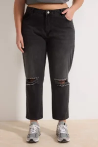 Trendyol Curve Anthracite Destroy Detailed Mom Fit 100% Cotton denim plus size jeans - Image 3