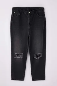 Trendyol Curve Anthracite Destroy Detailed Mom Fit 100% Cotton denim plus size jeans - Image 5