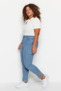 Trendyol Curve Mavi Flexible skinny denim jeans with Slit and Tassel Detail