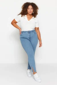 Trendyol Curve Mavi Flexible skinny denim jeans with Slit and Tassel Detail - Image 2