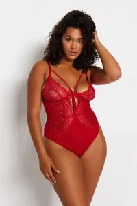 Trendyol Curve Red Piped Micro Flexible Knitting Lace Detailed Plus Size Bodysuit - Image 2