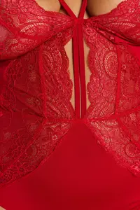 Trendyol Curve Red Piped Micro Flexible Knitting Lace Detailed Plus Size Bodysuit - Image 3