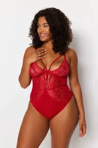 Trendyol Curve Red Piped Micro Flexible Knitting Lace Detailed Plus Size Bodysuit - Image 4