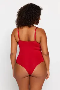 Trendyol Curve Red Piped Micro Flexible Knitting Lace Detailed Plus Size Bodysuit - Image 5