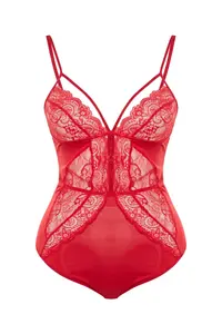 Trendyol Curve Red Piped Micro Flexible Knitting Lace Detailed Plus Size Bodysuit - Image 6